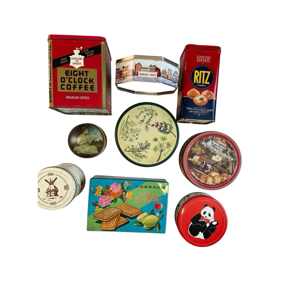 Vintage Tin Canister Lot Of 9 Cookie Coffee Biscuit Advertising Tins Retro Decor